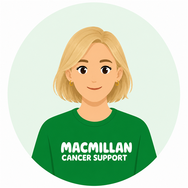 Cartoon-style profile illustration of a smiling person with blonde bobbed hair, gold hoop earrings, and a green Macmillan Cancer Support T-shirt