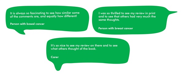 This image is of three quote bubbles, with quotes from some book reviewers. The first quote says 'It is always so fascinating to see how similar some of the comments are, and equally how different!', the second quote says 'I was so thrilled to see my review in print and to see that others had very much the same thoughts' and the last quote says 'It's so nice to see my review on there and to see what others thought of the book.'