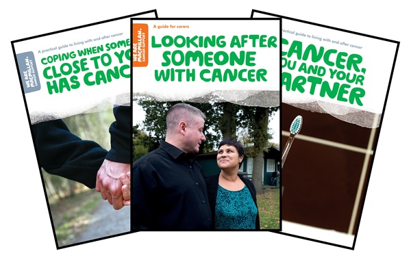 This image shows three covers of our booklets available to order free or download as a pdf on our website be.macmillan.org.uk