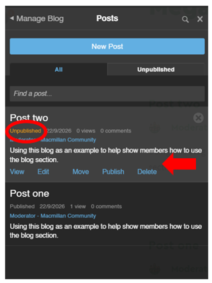unpublished and published blog page witth red arrow pointing to manage blog options and red circle around the unpublished message