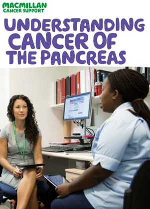 Understanding cancer of the pancreas written in purple above two people talking
