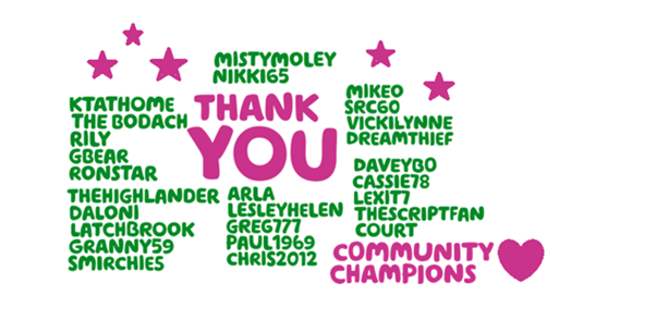  "Thank you" in pink, surrounded by names of Community Champions in green "Mistymoley, Nikki65, KTathome, The BODACH, Rily, Gbear, Ronstar, The Highlander, Daloni, Latchbrook, Granny59, Smrichie5, MikeO, Src60, VickiLynne, Dreamthief, Cassie78, Arla, LexiT7, TheScriptFan, court, Lesleyhelen, Greg777, Paul1969, Chris2012." written in green, surrounded by pink stars