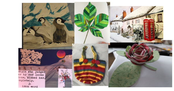 A collage of four paintings by Community members, a photograph of stripy knitted bag and a felt pink rose.