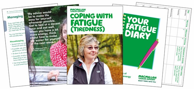 this image shows a selection of our booklets, including coping with fatigue and the fatigue diary.