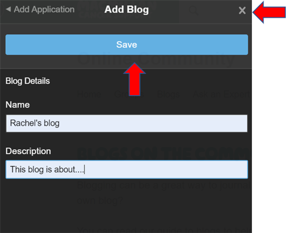 "Save" button on the "Add blog" screen