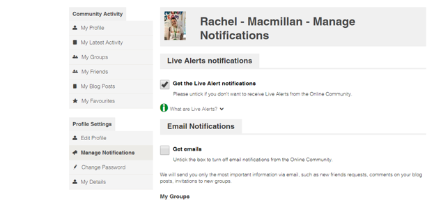  An image of the notifications settings page on the Community