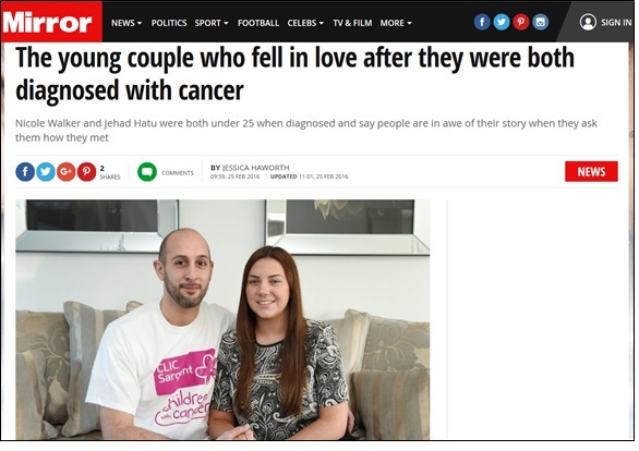 A screenshot of the article on The Mirror's website about Nicole and Jehad, entitled 'The young couple who fell in love after they were both diagnosed with cancer'