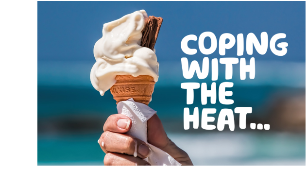  "Coping with heat..." written in white next to a picture of a melting ice cream cone with a chocolate flake