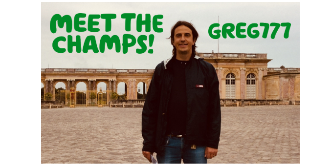  'Meet the champs: Greg777' written over a picture of Greg777 stood in front of an old buidling.