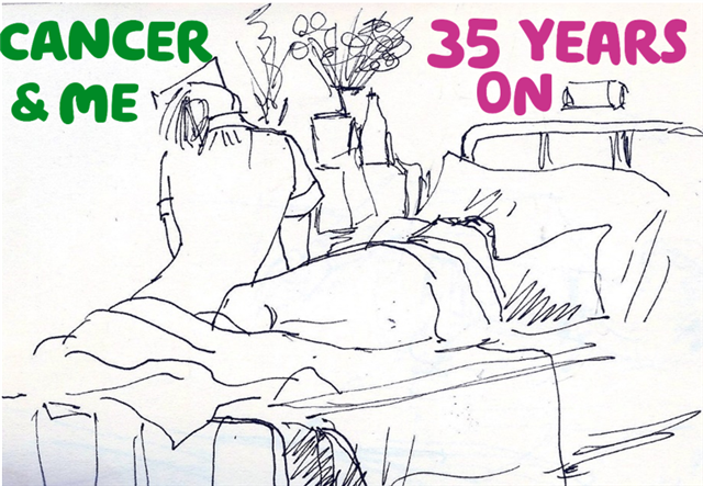 cancer & me 35 years on written over a sketch of a nurse sitting on a patient's bed while the patient is lying down. There are flowers on the bedside table.