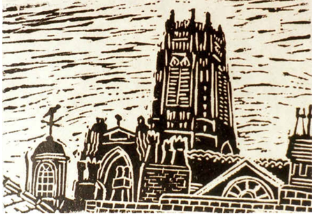  Picture by Willo of the Anglican Cathedral in Liverpool made by the linocut fragment technique. 