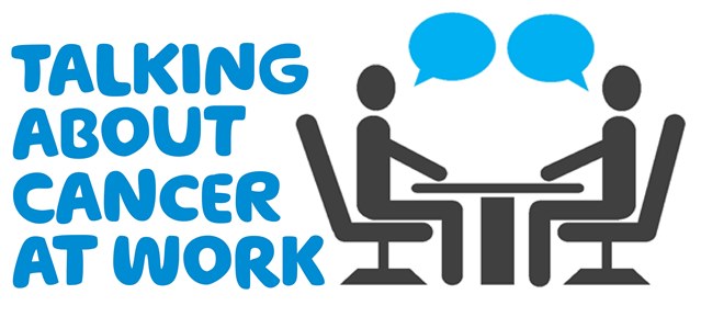 Talking about cancer at work header image featuring two seated stick figures talking