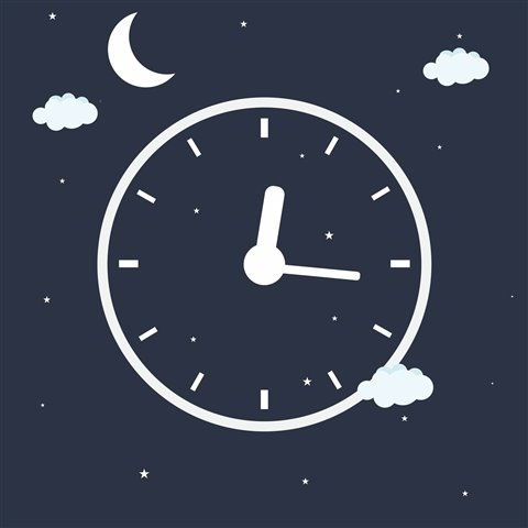 An image of a clock at night time, surrounded by clouds, stars and the moon