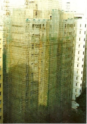 A photograph of a building covered in bamboo scaffolding taken by Willo. 