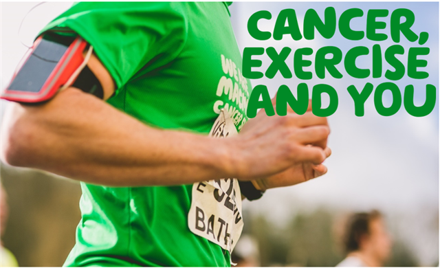 The words 'Cancer, exercise and you' written in green over a photo of someone running in a Macmillan T-shirt.