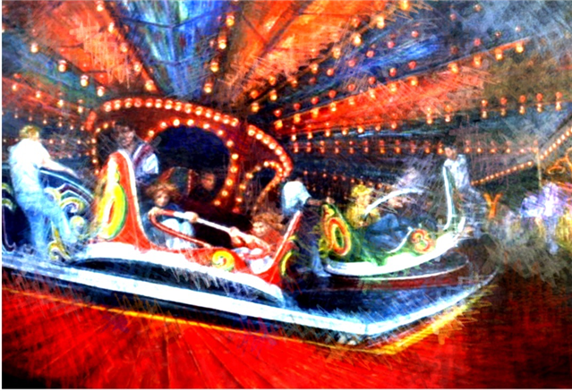 A  bright and colourful painting by Willo of the teacup ride at a fair. 