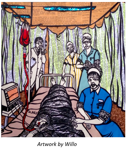 Artwork by Willo showing a patient in a hospital bed surrounded by nurses and doctors.