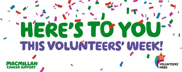 "Here's to you this volunteers' week!" written in green and purple with lots of multicoloured confetti coming down from the top of the image..