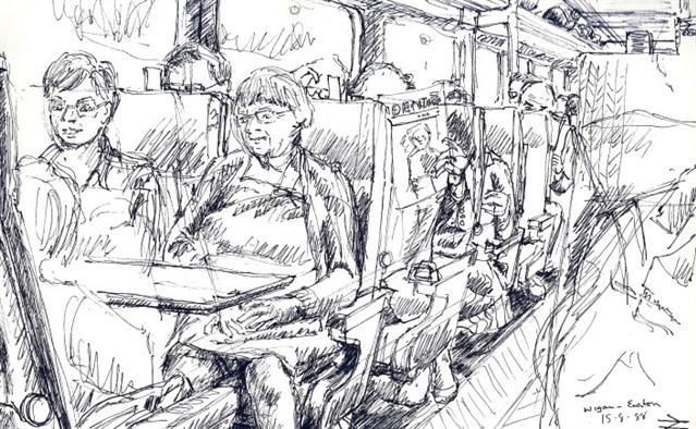 A detailed pencil sketch by Willo of a busy train carriage full of passengers.  