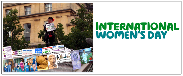 International Women's Day written next to a photo of Willo on the fourth plinth on Trafalgar Square surrounded by her art. 