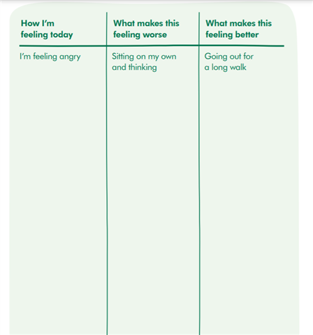 Image of three columns with the headings: How I'm feeling today, what makes this feeling worse, what makes this feeling better.