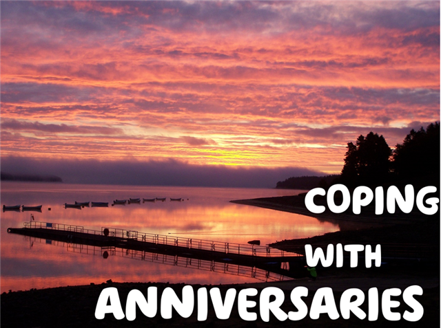 'Coping with anniversaries' written in white over a picture taken by David of the sunrise over Kielder water.  