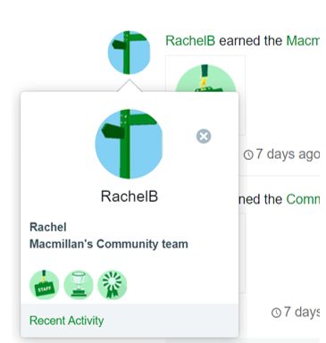 Screenshot of a Community profile card where you can see members' badges.