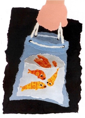 Artwork by Willo showing some goldfish in a bag.