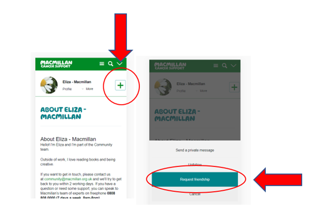 A screenshot showing a red arrow pointing to the + button on member's profile. 
