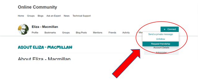 Screenshot showing a red arrow pointing at the +Connect button on a member's profile.