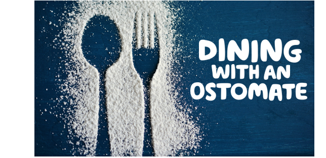  "Dining with an ostomate" written over a blue background and a fork and spoon outlined in flour