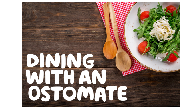 "Dining with an ostomate" written over a picture of a wooden table with a red and white chequered cloth, bowl of salad and wooden utensils.