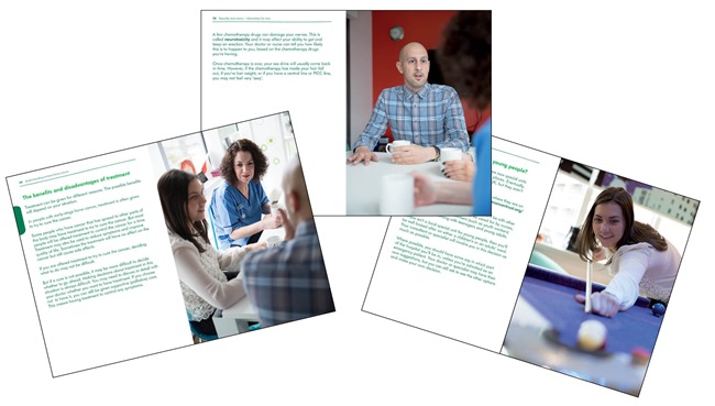 The image shows examples of Macmillan cancer information booklets which include photos of Nicole and Jehad