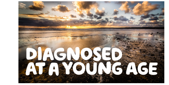  "Diagnosed at a young age" written over a sunset at the beach