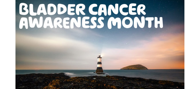  "Bladder cancer awareness month" written over a picture of a black and white lighthouse on the beach with a blue sky