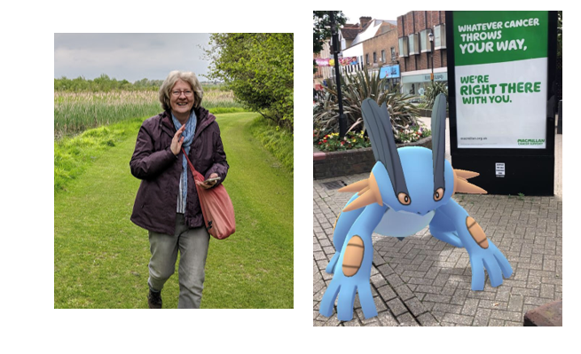  Two pictures, on the left a a picture of KTatHome smiling in a field, and then a picture of a Pokemon Go creature.