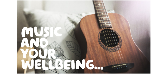  "Music and your wellbeing" written over a picture of a wooden ukelele