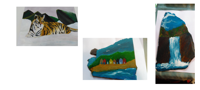  Three pieces of Gbear's art, including a picture of a tiger, a waterfall and a seafront