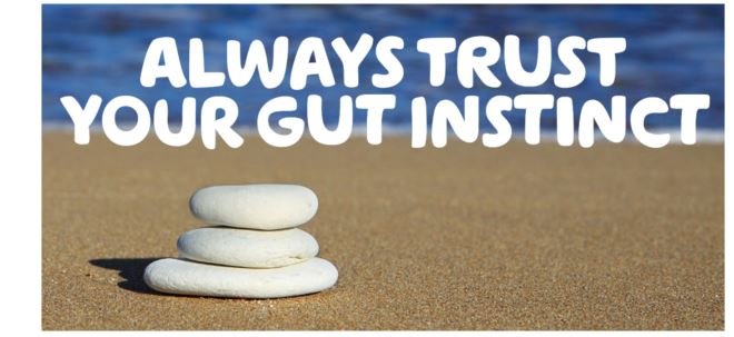 "Always trust your gut instinct" written over three grey pebbles piled up on yellow sand, with the blue sea in the background.