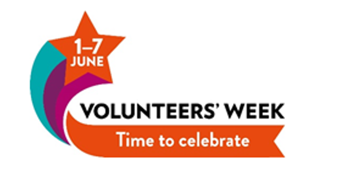  "1-7 June" written in an orange star, above "Volunteers' Week" "Time to celebrate"