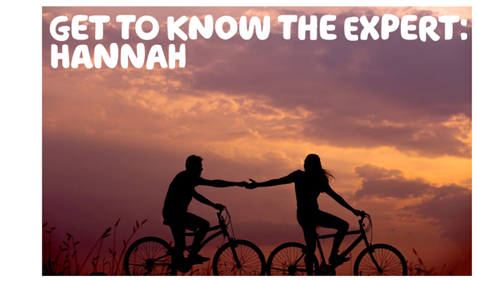  'Get to know the Expert: Hannah' written over a picture of two people cycling at sunset