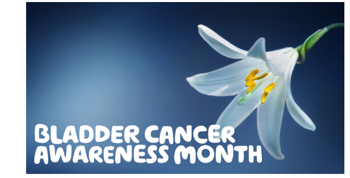  "Bladder cancer awareness month" written over a blue background and a white flower.