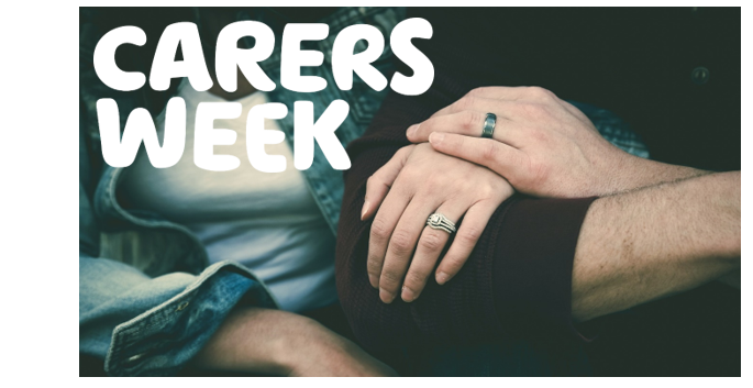  "Carers week" written over a close-up picture of a couple holding hands