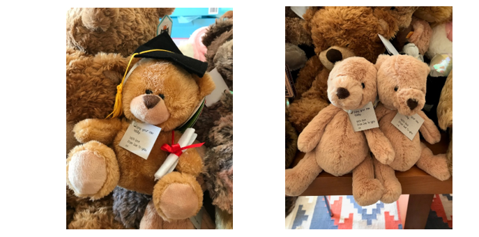  Pictures of the teddies which were donated, with brown paper labels around their necks.