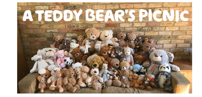  "A teddy bear's picnic" written over a picture of lots of teddies and soft toys on a sofa