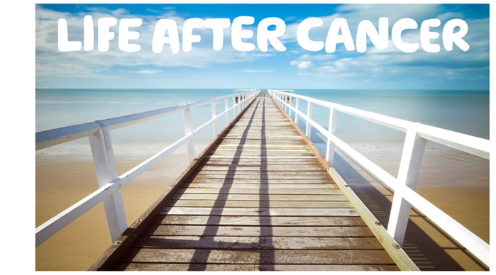 'Life after cancer' written over a picture of a pier, stretching out into the sea and blue sky.