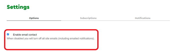 Image of profile settings with red circle highlighting 'Enable email contact''