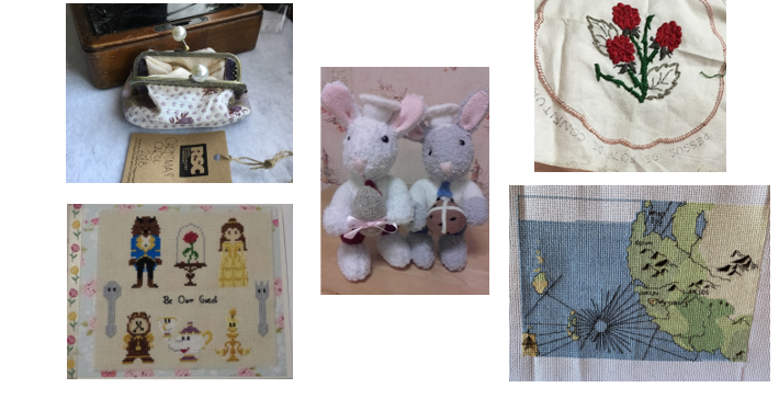  A collage of crafts, including an embroidery of flowers, drawings, and felt bunnies.