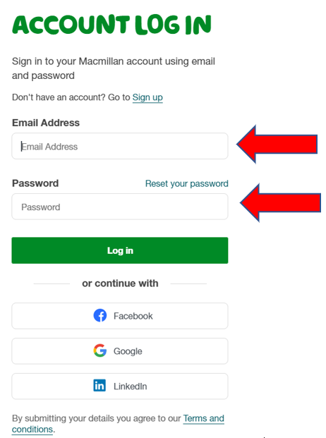  Screenshot showing the log in screen with red arrows to the email and password boxes 