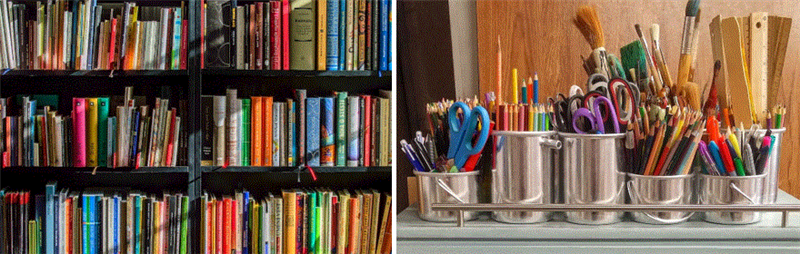 multicoloured books and paintbrushes, pens and pencils